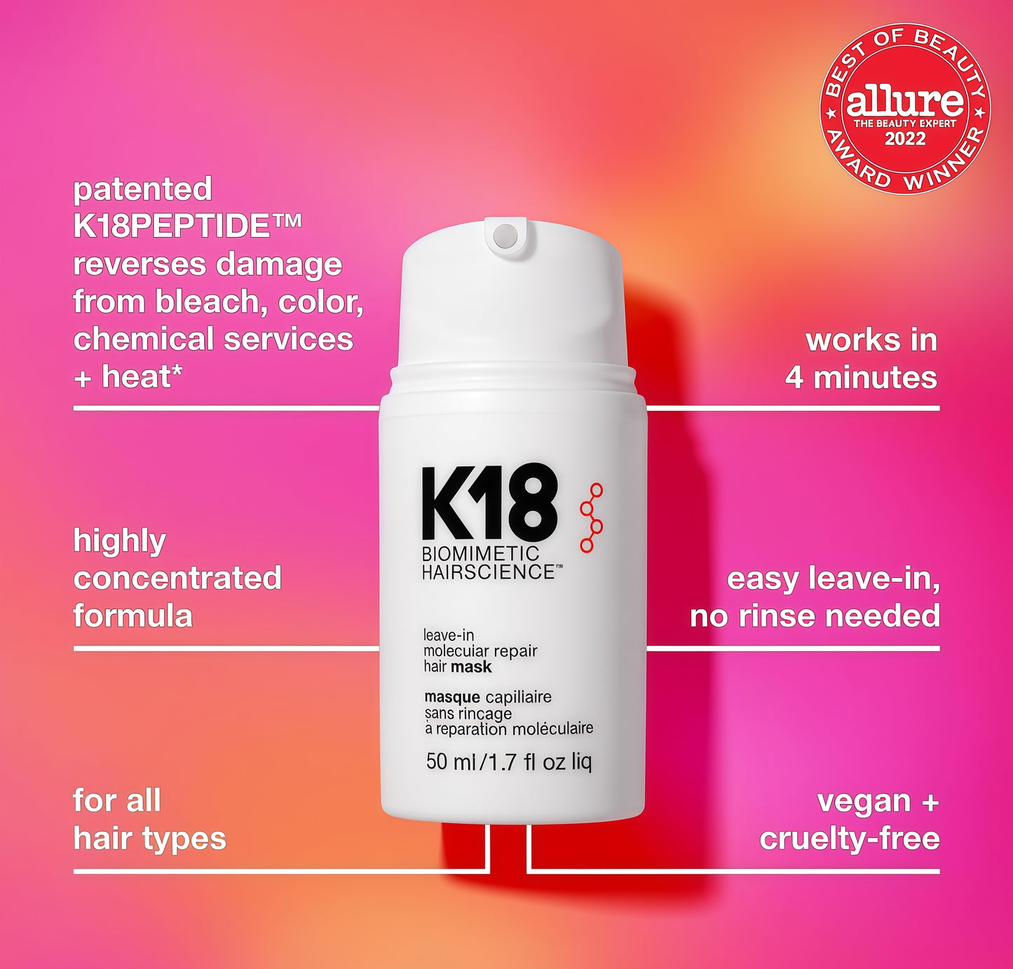 K18 Leave-In Molecular Repair Hair Mask, Patented, Lasting Repair For Dry, Frizzy, Damaged Hair, Reverse Damage In 4 Minutes From Bleach, Color, Chemical Services + Heat-Full Size - 50mL